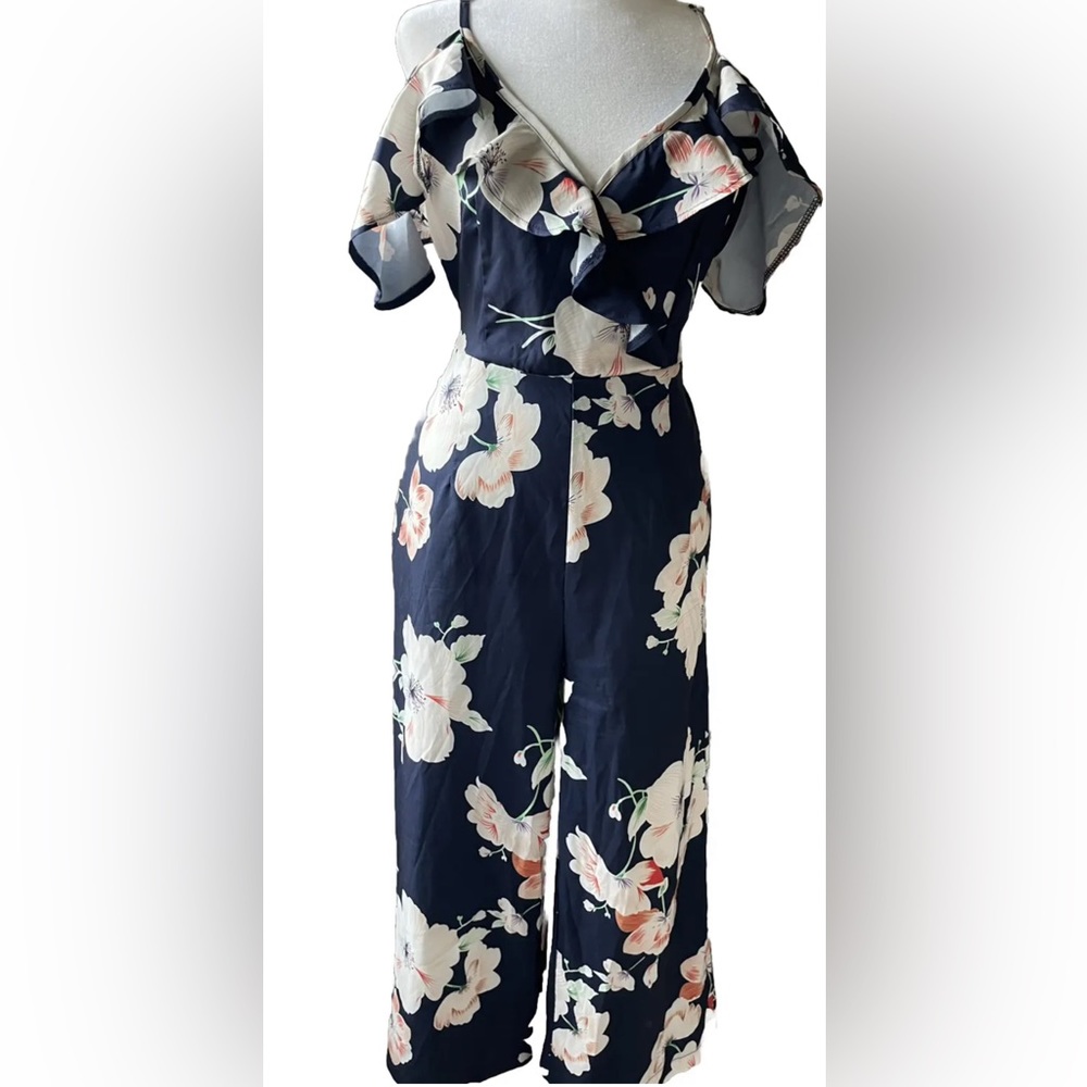 Women’s Size M Navy Blue Floral Print Sleeveless Jumpsuit By Shein
